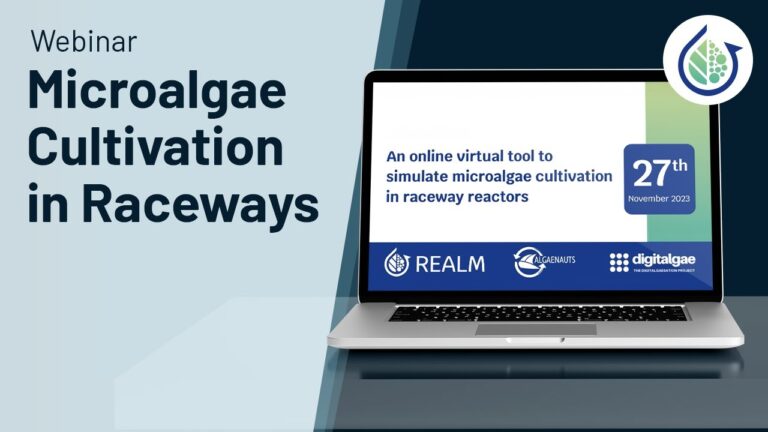 Image shows the title of a webinar recording about microalgae cultivation in raceways: An online virtual tool to simulate microalgae cultivation in raceway reactors